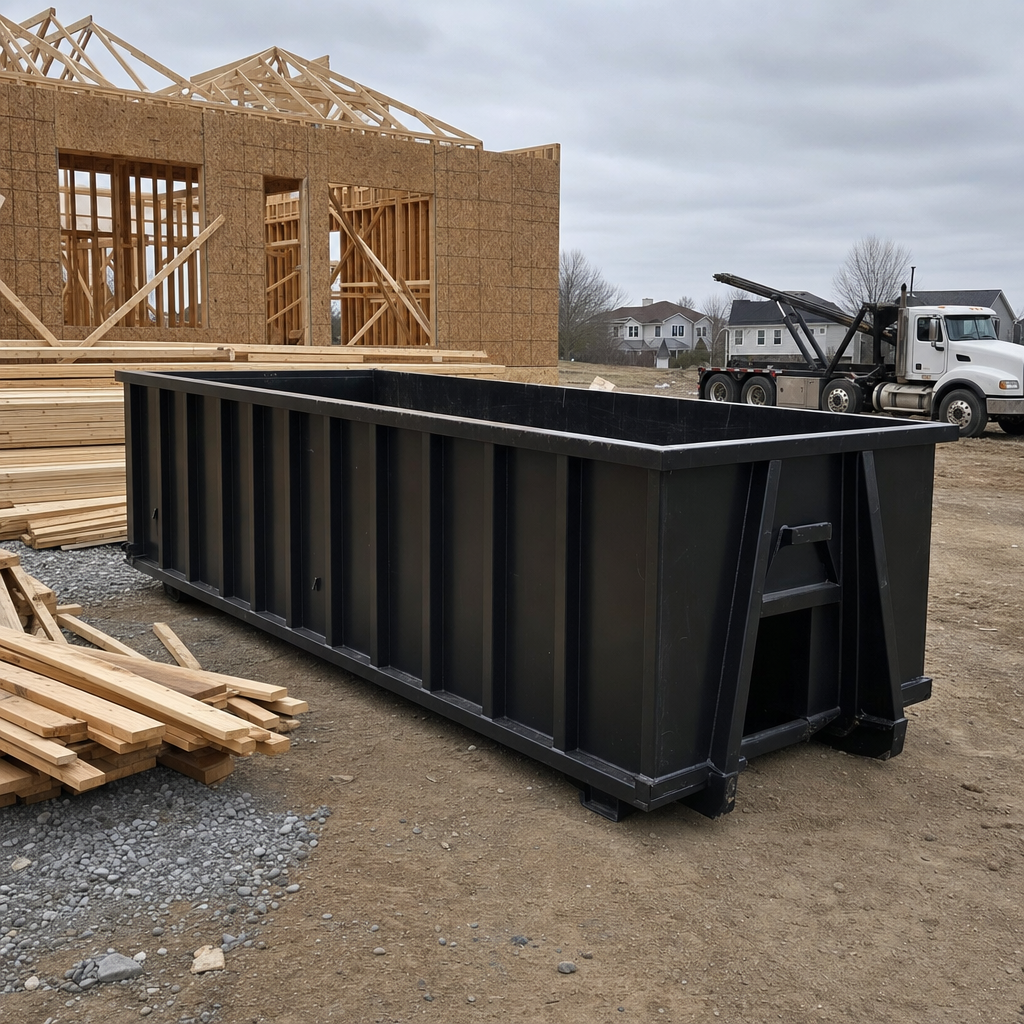 Matte-black 40-yard roll-off dumpster staged on a framed-out residential construction site in Denton, framing lumber stacked nearby, hooklift delivery truck visible in the background under bright Colorado daylight