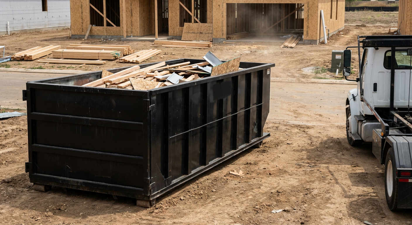 Matte-black 20-yard roll-off construction dumpster with heavy ribbed steel sidewalls and swing rear doors at a working jobsite in Denton, sitting directly on compacted dirt with an unmarked white hauler partially visible at the far edge of the frame.