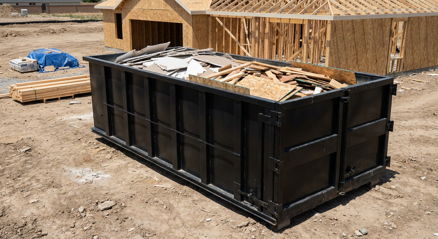 Matte-black 30-yard roll-off construction dumpster sitting directly on the compacted-dirt site of a framed single-family home build in Denton, drywall and lumber scrap loaded inside.