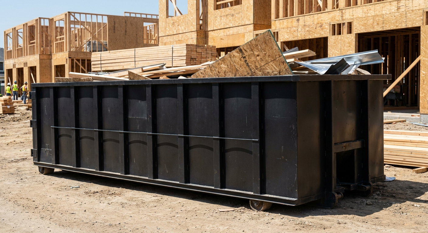 Matte-black 40-yard roll-off construction dumpster being lowered from a white-cab hooklift delivery truck onto the compacted-dirt jobsite at a commercial build site in Denton