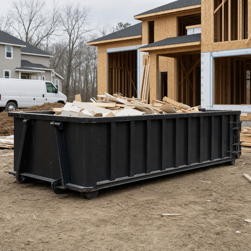 Worker in a yellow high-visibility vest tossing framing lumber and broken drywall into a matte-black 30-yard construction roll-off dumpster on an active build site in Denton, bright daylight