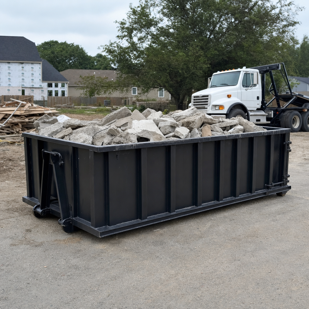 Low-profile matte-black lowboy roll-off dumpster loaded with broken concrete slab and rebar at a foundation tear-out in Denton, skid steer parked beside it, sunny Colorado morning