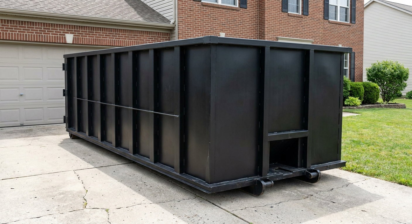 Matte-black 20-yard roll-off container on a Denton residential concrete driveway with reinforced ribbed steel sidewalls and a hinged rear walk-in door, clean bright daylight.