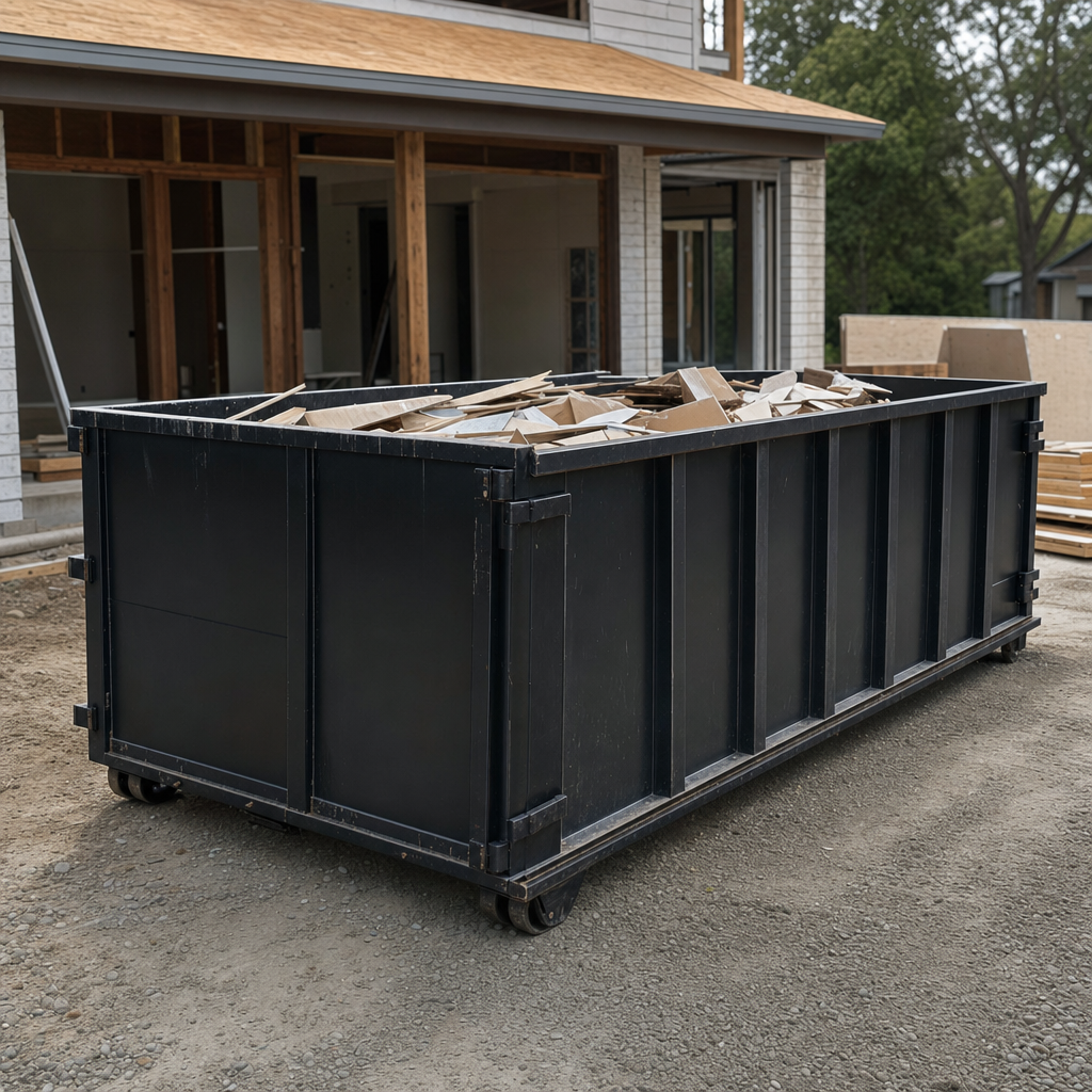 Large matte-black 30-yard construction roll-off dumpster at an active Denton jobsite, steel-gray top rails and bottom rollers visible, loaded with construction debris.