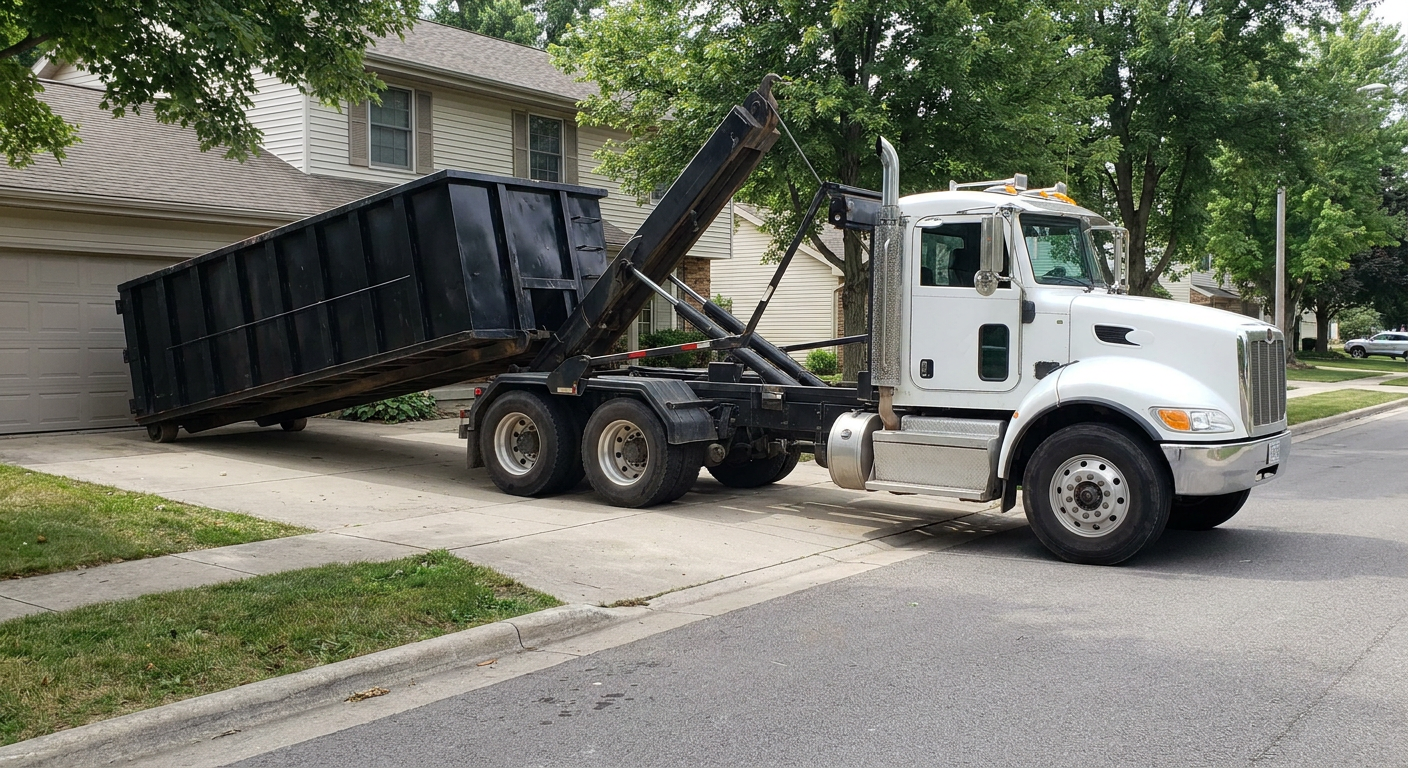 White-cab hooklift roll-off truck actively lowering a matte-black dumpster onto a Denton residential concrete driveway, the dumpster's rear wheels touching the driveway as the hoist arm tilts the bed forward, mid-morning daylight.