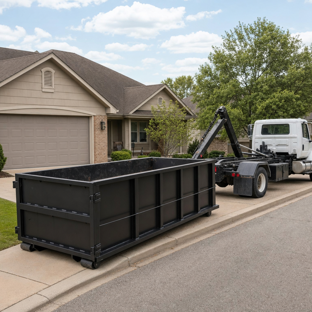 Wide documentary shot of a matte-black roll-off dumpster on a Denton residential driveway in the foreground and a contractor jobsite container in the soft-focus background, bright daylight, calm and orderly composition.