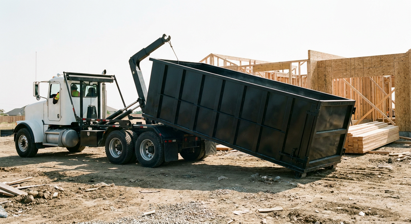 Matte-black roll-off dumpster being delivered onto a clean residential concrete driveway in Denton by an unmarked white hooklift hauler truck, bright morning daylight, documentary 35mm perspective.