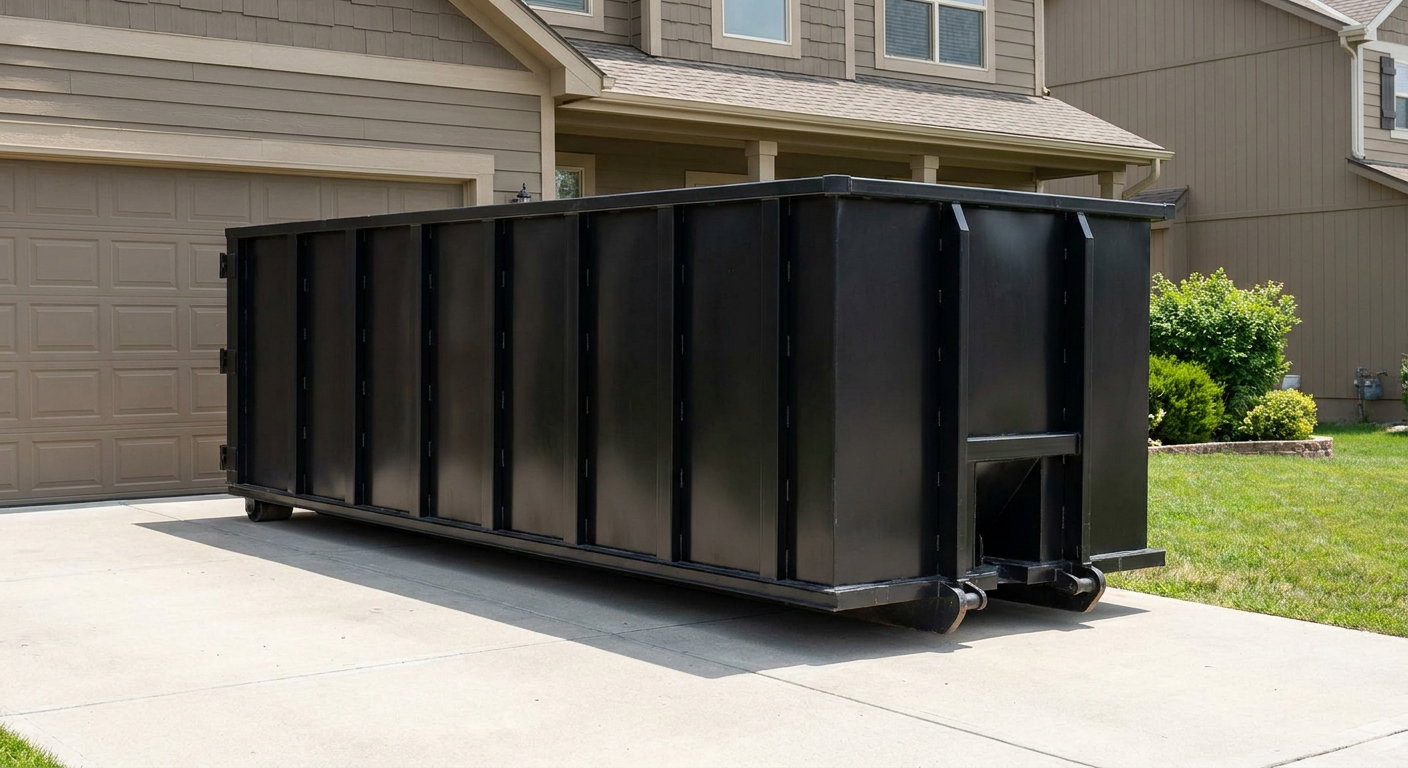Matte-black residential roll-off dumpster sitting directly on a suburban Denton concrete driveway, garage door closed, single-family home in background, bright morning daylight.