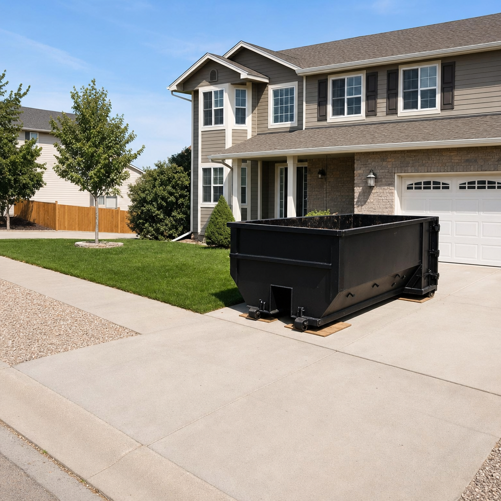 10-yard matte-black residential dumpster placed directly on a narrow Denton concrete driveway, room remains for a parked sedan beside it, mid-morning natural light