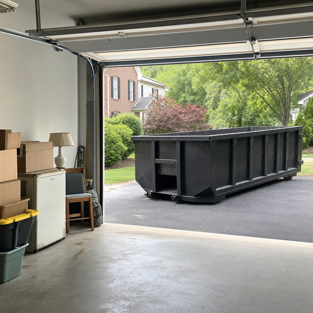 Open garage interior in a Denton home mid-cleanout — boxed items, an old appliance, and stacked yard tools queued near the driveway for a matte-black roll-off dumpster, organized and calm