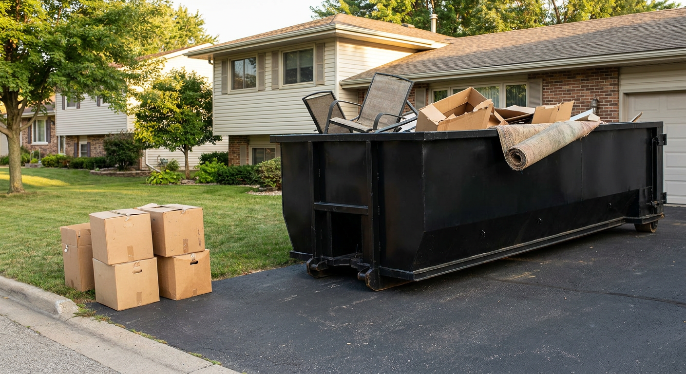 Front-yard view of a Denton split-level home with a 20-yard matte-black roll-off dumpster sitting directly on the asphalt driveway, a few clearly labeled donation boxes staged at the curb, calm sunny afternoon.
