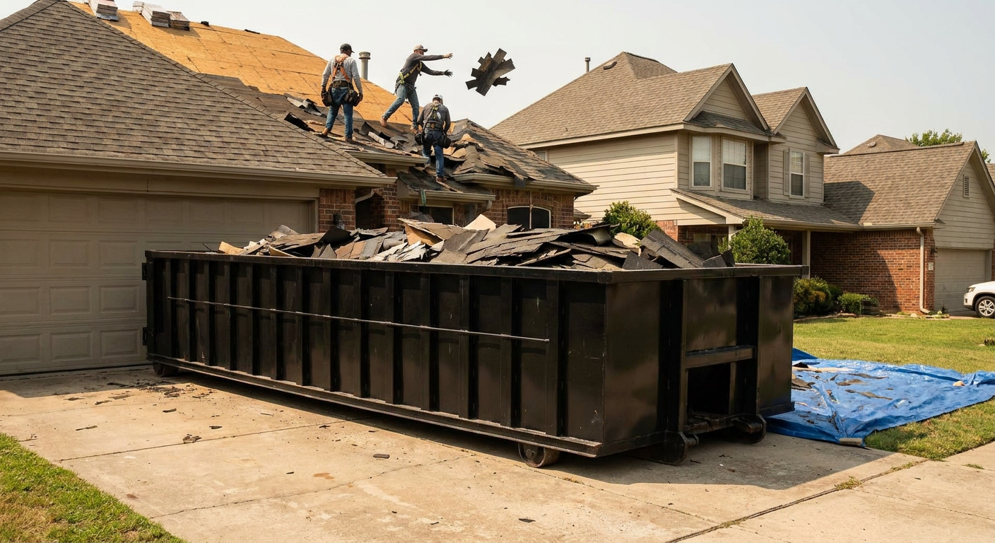 Matte-black roofing roll-off dumpster placed directly on a Denton residential concrete driveway, a tear-off crew on a two-story asphalt-shingle roof tossing shingle bundles into the low-walled container, bright daylight, documentary 35mm perspective.