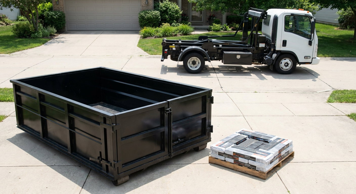 Matte-black 15-yard roofing roll-off dumpster with reinforced low side walls sitting directly on a Denton residential concrete driveway, three-tab asphalt shingle bundles stacked nearby, an unmarked white hauler truck partially visible at the edge of the frame.