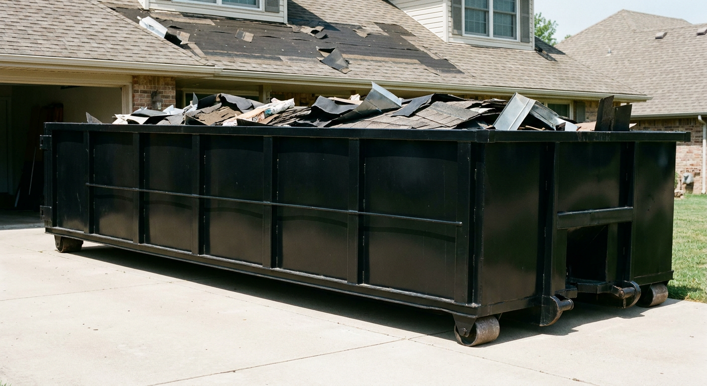 Matte-black 20-yard roofing roll-off dumpster with steel ribbed sides and swinging rear door, sitting directly on the concrete driveway of a two-story Denton home, asphalt shingle debris being loaded over the low wall, clean documentary lighting.