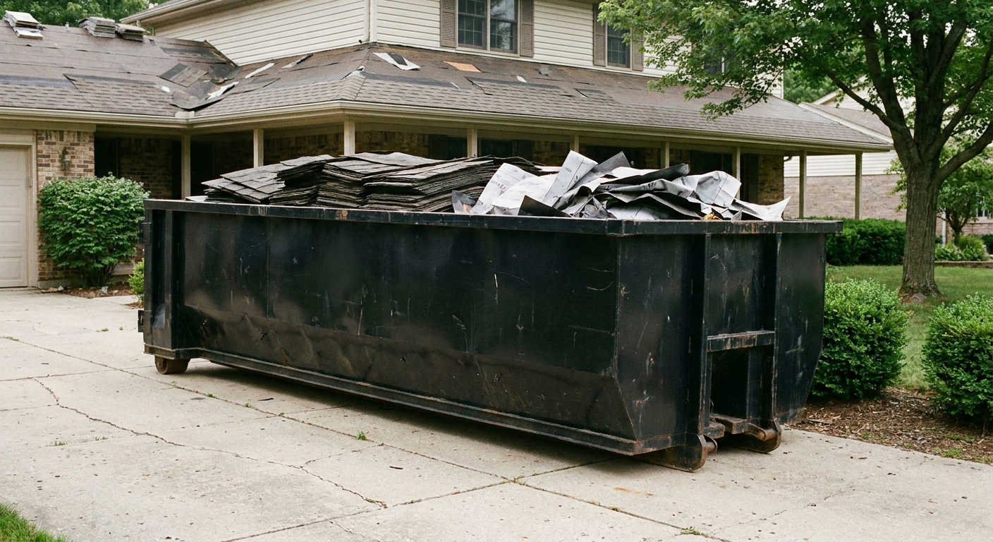 Matte-black 30-yard roofing roll-off dumpster sitting directly on a Denton concrete driveway, taller ribbed steel side panels, mixed tear-off debris of asphalt shingles and underlayment inside, professional documentary daylight.