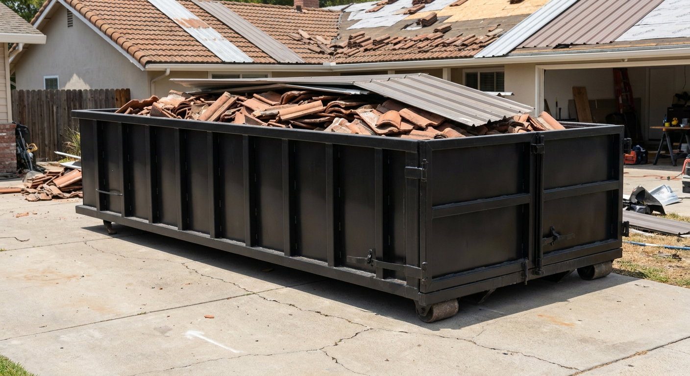 Matte-black low-wall heavy-debris roofing roll-off dumpster sitting directly on a Denton concrete driveway, broken concrete clay roof tiles and metal panel sections loaded inside, reinforced ribbed steel side walls visible, bright outdoor daylight.