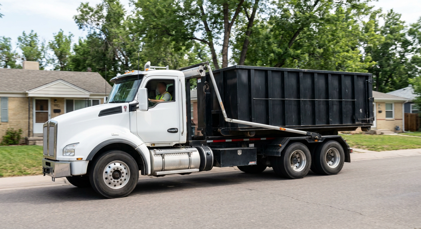 A wide documentary shot of a matte-black roll-off delivery truck pulling onto a quiet Denton residential street at mid-morning, with neighborhood rooftops and tree-lined blocks visible behind, showing the metro coverage footprint.