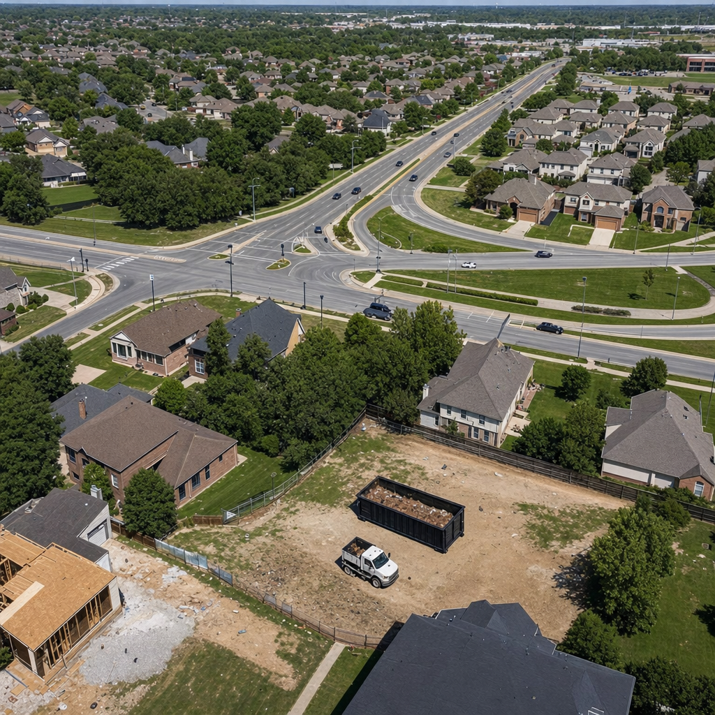An overhead documentary view of the Denton metro area at midday, showing the spread of neighborhoods, arterial roads, and the dispatch radius from a central yard — clean daylight, organized geographic layout.