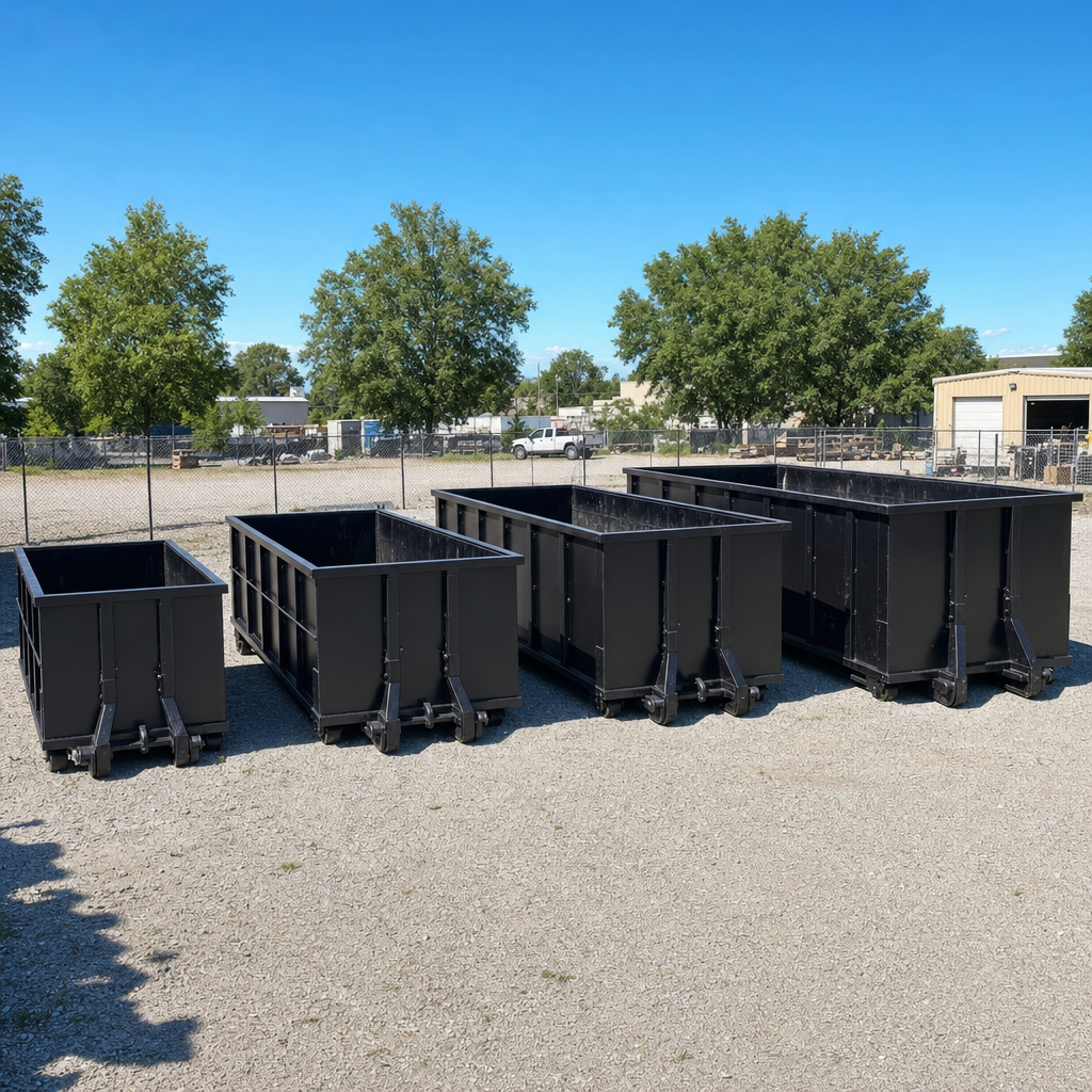 A clean lineup of matte-black roll-off dumpsters in 10, 20, 30, and 40-yard sizes staged on a sunlit gravel yard in Denton, showing the size progression from compact to commercial-scale containers.