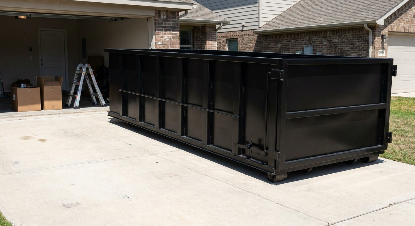 A matte-black 10-yard roll-off dumpster sitting directly on a residential Denton concrete driveway, mid-day sunlight, clean and ready for a garage cleanout.