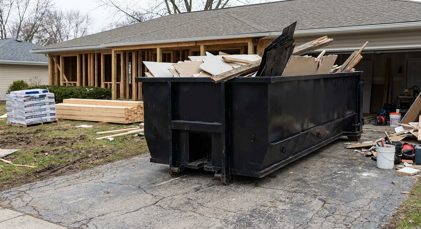 A matte-black 20-yard roll-off dumpster placed alongside a mid-renovation Denton home directly on the asphalt driveway, with framing materials and torn-off shingles staged neatly nearby.