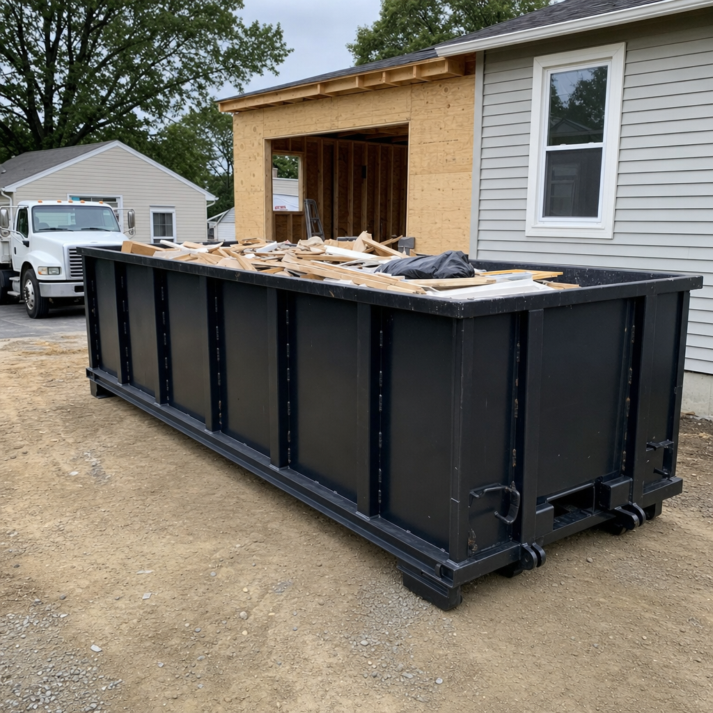 A matte-black 30-yard roll-off dumpster positioned at a Denton residential addition jobsite, with framing lumber and drywall scraps loaded through the open swinging rear doors.