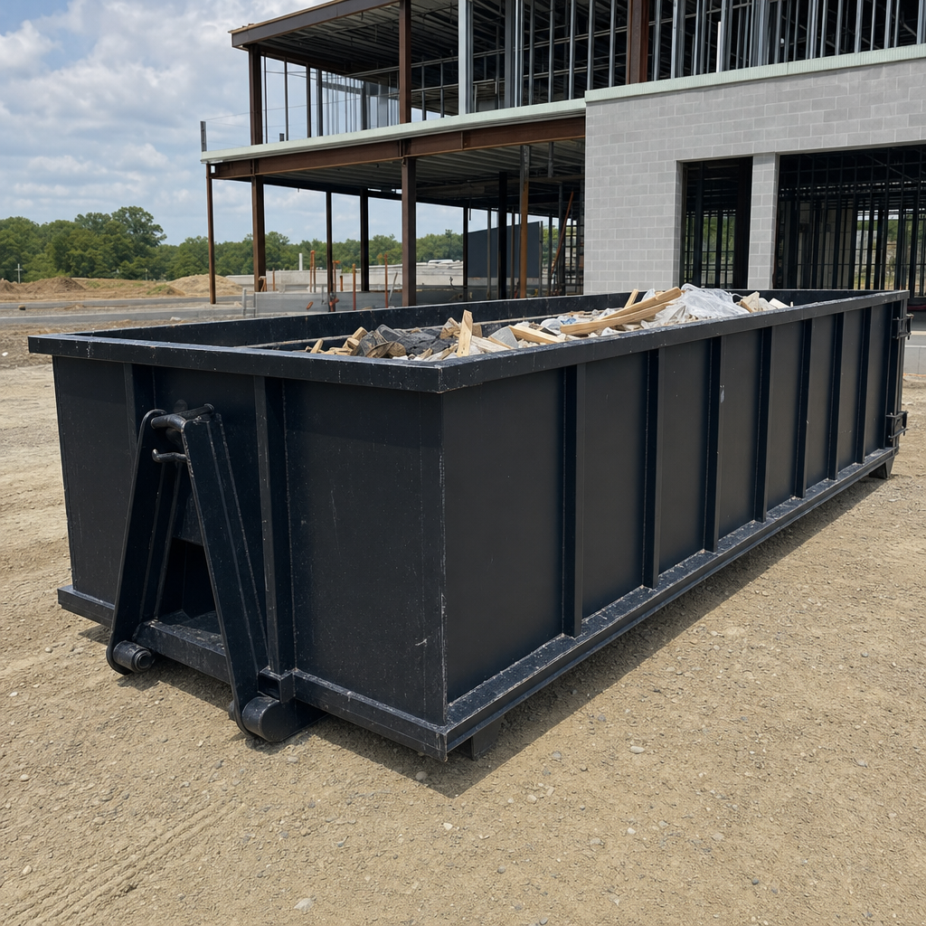 A matte-black 40-yard roll-off dumpster staged on a large Denton commercial construction lot, with a hooklift delivery truck parked alongside under bright midday sky.