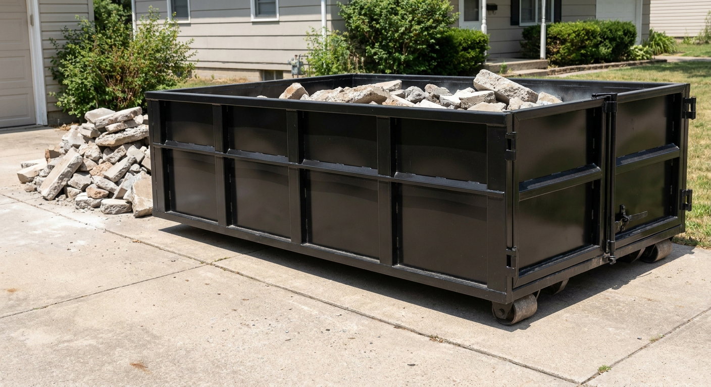 A matte-black low-side heavy-debris roll-off dumpster placed directly on a Denton concrete driveway, with broken concrete chunks neatly stacked beside it under clean daylight.